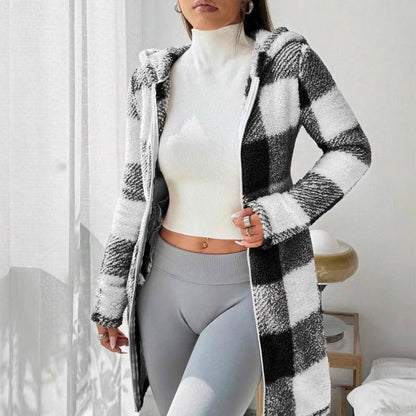 Veste Longue Femme à Carreaux avec Capuche Style Cosy