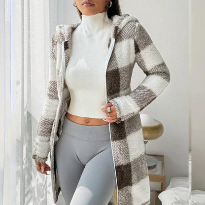 Veste Longue Femme à Carreaux avec Capuche Style Cosy
