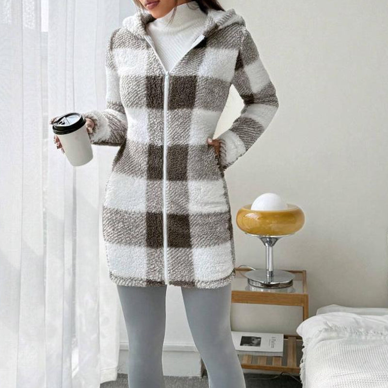 Veste Longue Femme à Carreaux avec Capuche Style Cosy