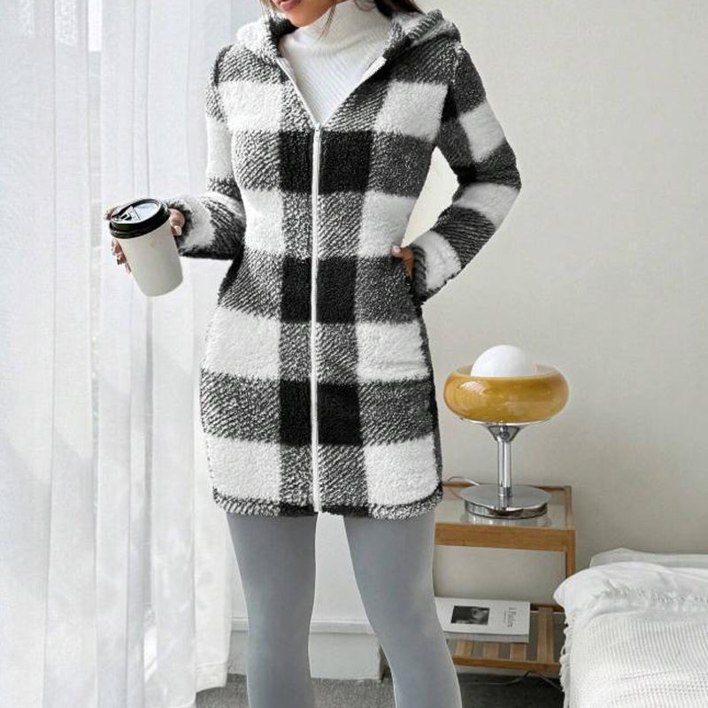 Veste Longue Femme à Carreaux avec Capuche Style Cosy