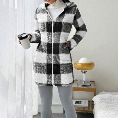 Veste Longue Femme à Carreaux avec Capuche Style Cosy