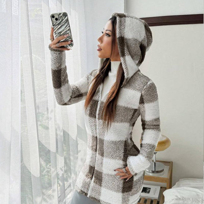 Veste Longue Femme à Carreaux avec Capuche Style Cosy