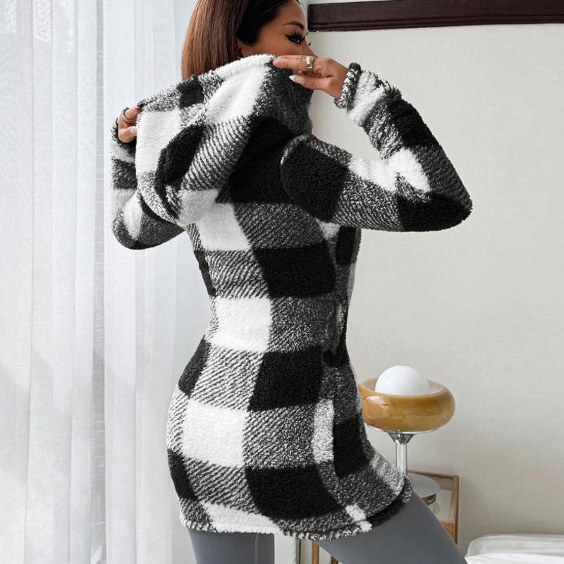 Veste Longue Femme à Carreaux avec Capuche Style Cosy