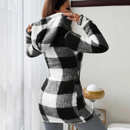 Veste Longue Femme à Carreaux avec Capuche Style Cosy
