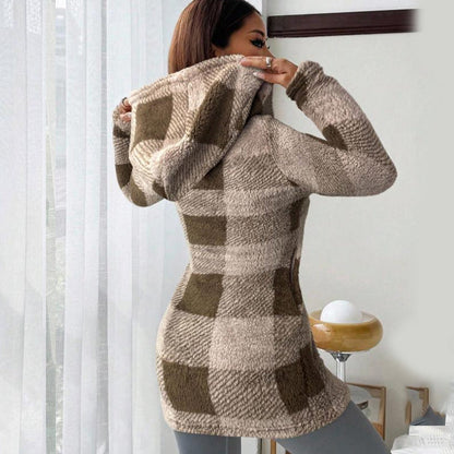 Veste Longue Femme à Carreaux avec Capuche Style Cosy