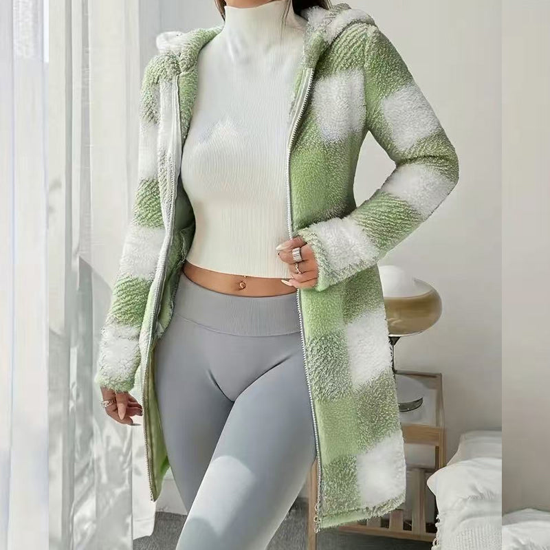 Veste Longue Femme à Carreaux avec Capuche Style Cosy