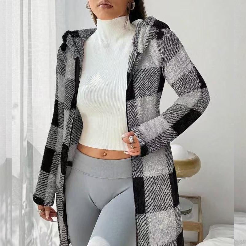 Veste Longue Femme à Carreaux avec Capuche Style Cosy