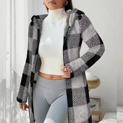 Veste Longue Femme à Carreaux avec Capuche Style Cosy