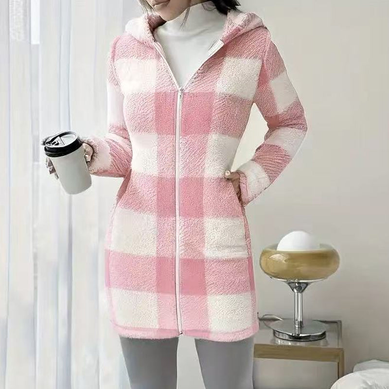 Veste Longue Femme à Carreaux avec Capuche Style Cosy