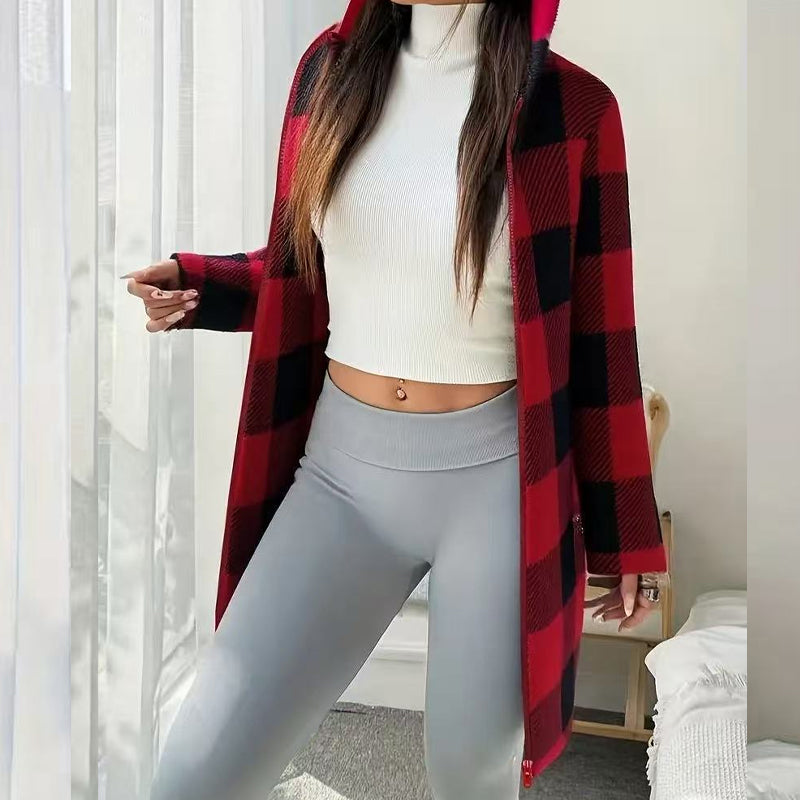 Veste Longue Femme à Carreaux avec Capuche Style Cosy