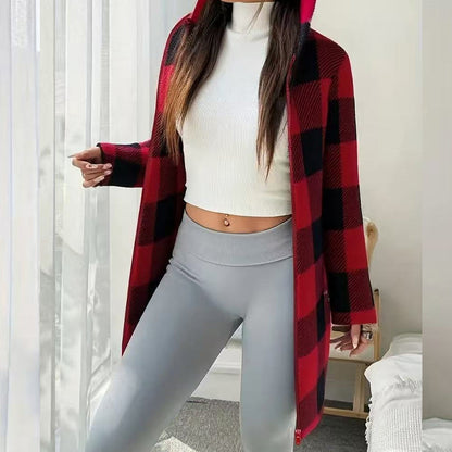 Veste Longue Femme à Carreaux avec Capuche Style Cosy