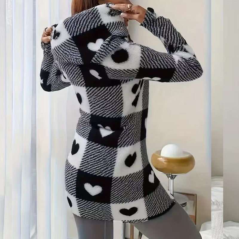 Veste Longue Femme à Carreaux avec Capuche Style Cosy