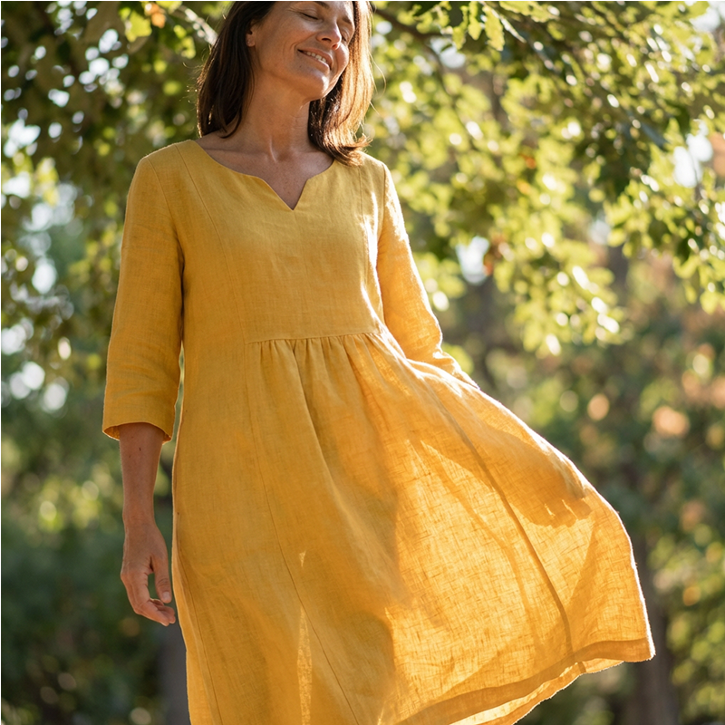 Robe midi Femme Fluide Col en V Manches Longues avec Poches - PanierRoyale