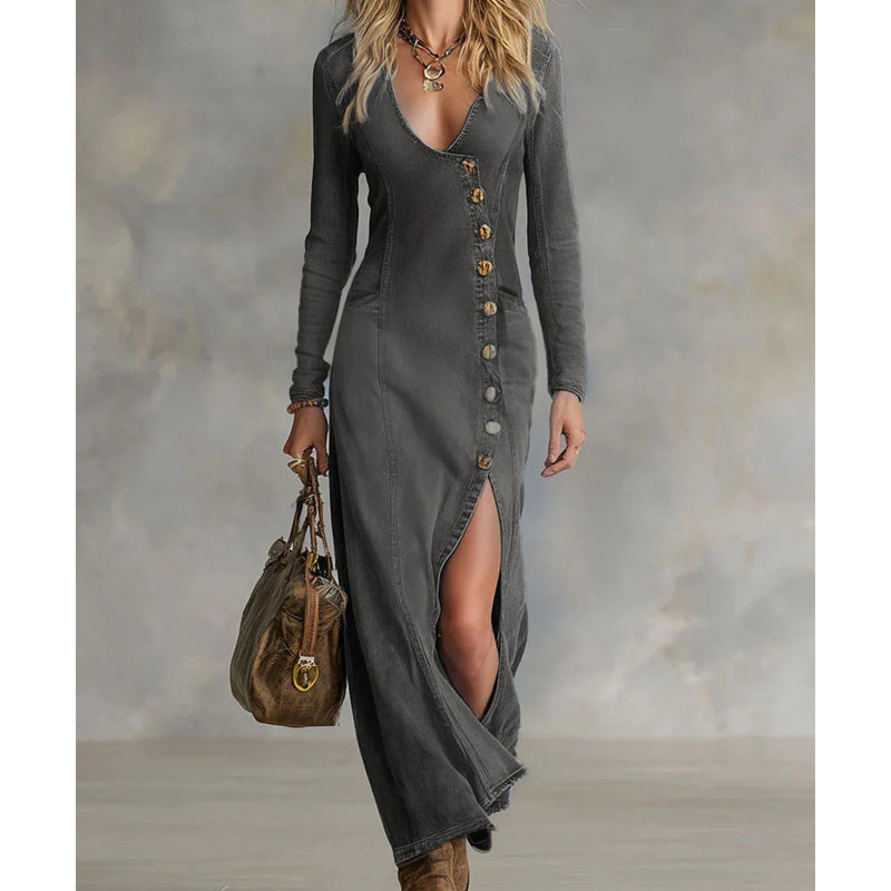 Robe Longue Femme Ajustée Col en V Boutonnée Fente