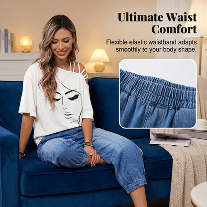 Jean Femme Taille Élastique Coupe Décontractée Longueur Raccourcie