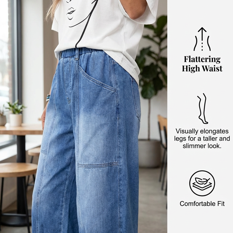 Jean Femme Taille Élastique Coupe Décontractée Longueur Raccourcie
