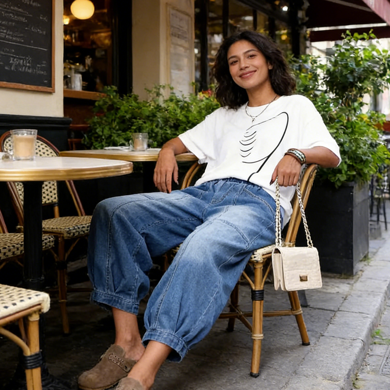 Jean Femme Taille Élastique Coupe Décontractée Longueur Raccourcie