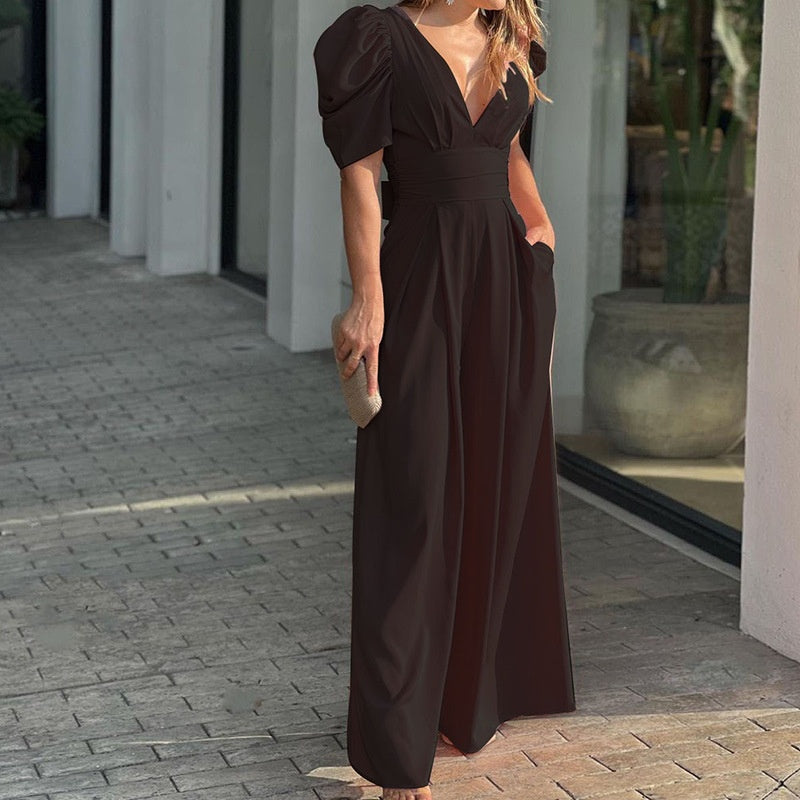 Combinaison Femme Col en V Pantalon Palazzo Fluide