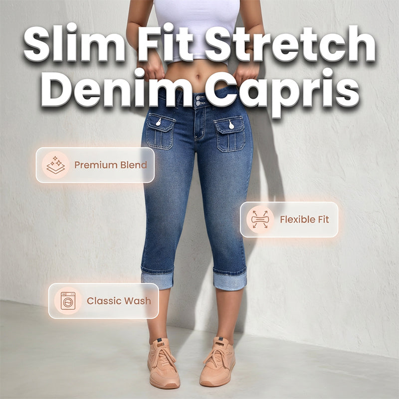 Pantalon Capri Femme Denim Stretch Coupe Ajustée Taille Mi-Haute