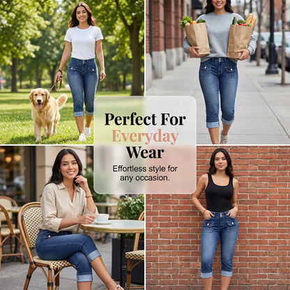 Pantalon Capri Femme Denim Stretch Coupe Ajustée Taille Mi-Haute