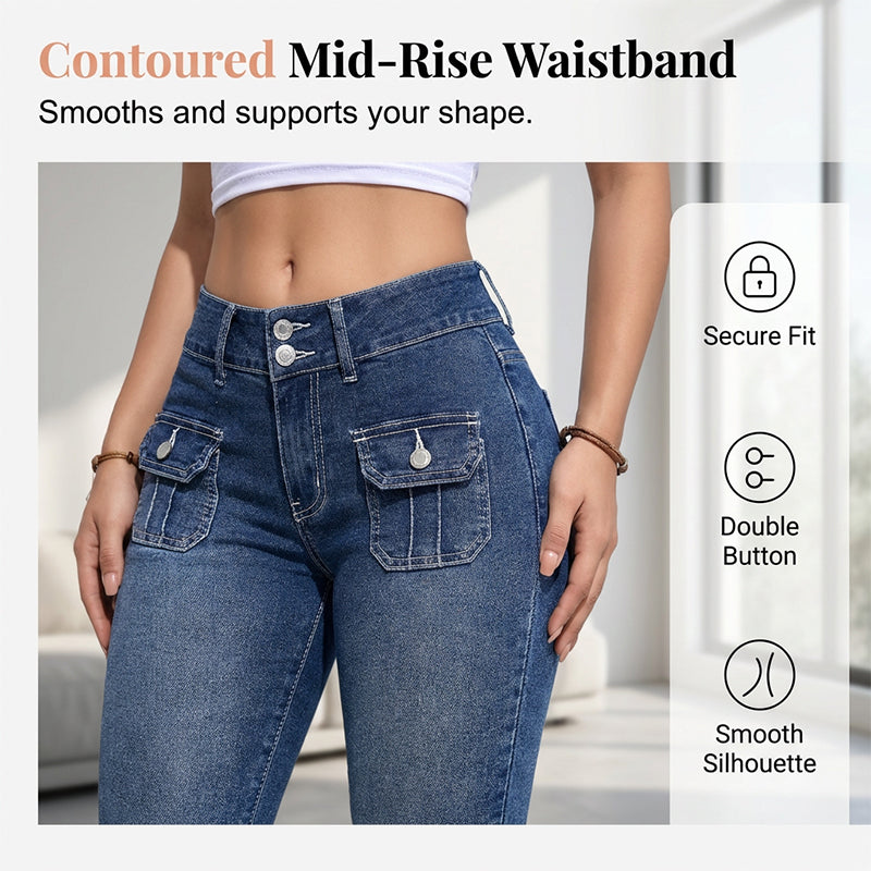 Pantalon Capri Femme Denim Stretch Coupe Ajustée Taille Mi-Haute