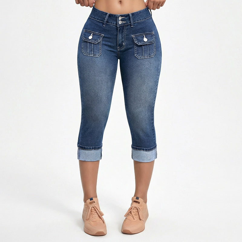 Pantalon Capri Femme Denim Stretch Coupe Ajustée Taille Mi-Haute - PanierRoyale