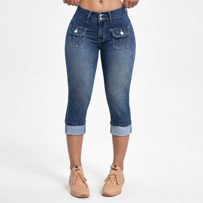 Pantalon Capri Femme Denim Stretch Coupe Ajustée Taille Mi-Haute - PanierRoyale