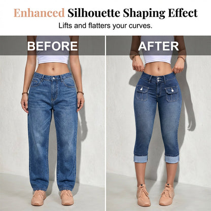 Pantalon Capri Femme Denim Stretch Coupe Ajustée Taille Mi-Haute