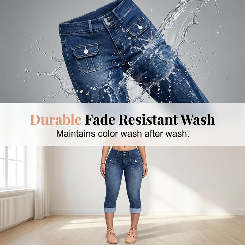 Pantalon Capri Femme Denim Stretch Coupe Ajustée Taille Mi-Haute