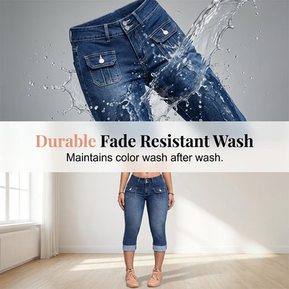Pantalon Capri Femme Denim Stretch Coupe Ajustée Taille Mi-Haute