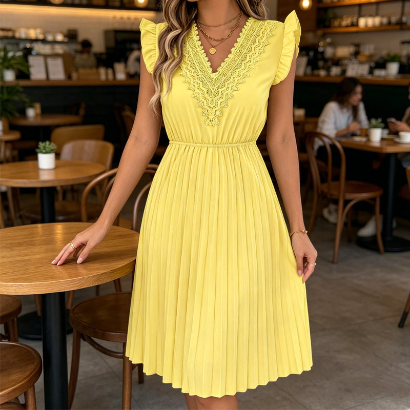 Robe midi Femme Dentelle Plissée Col en V Taille Empire
