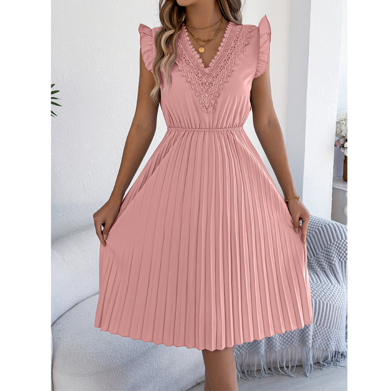 Robe midi Femme Dentelle Plissée Col en V Taille Empire