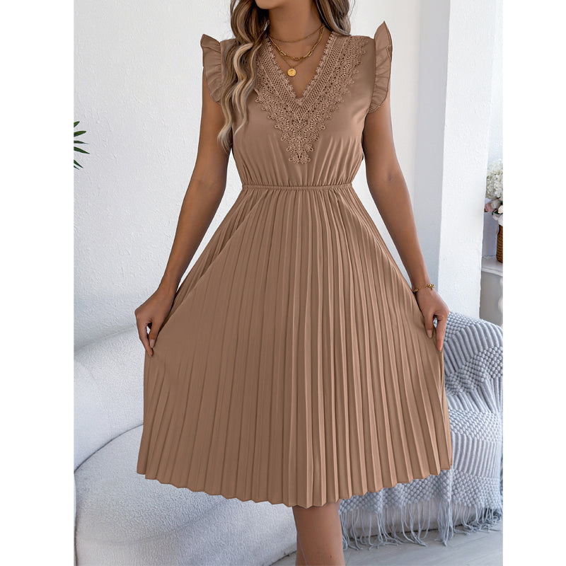 Robe midi Femme Dentelle Plissée Col en V Taille Empire