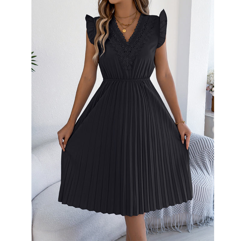 Robe midi Femme Dentelle Plissée Col en V Taille Empire