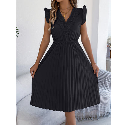Robe midi Femme Dentelle Plissée Col en V Taille Empire
