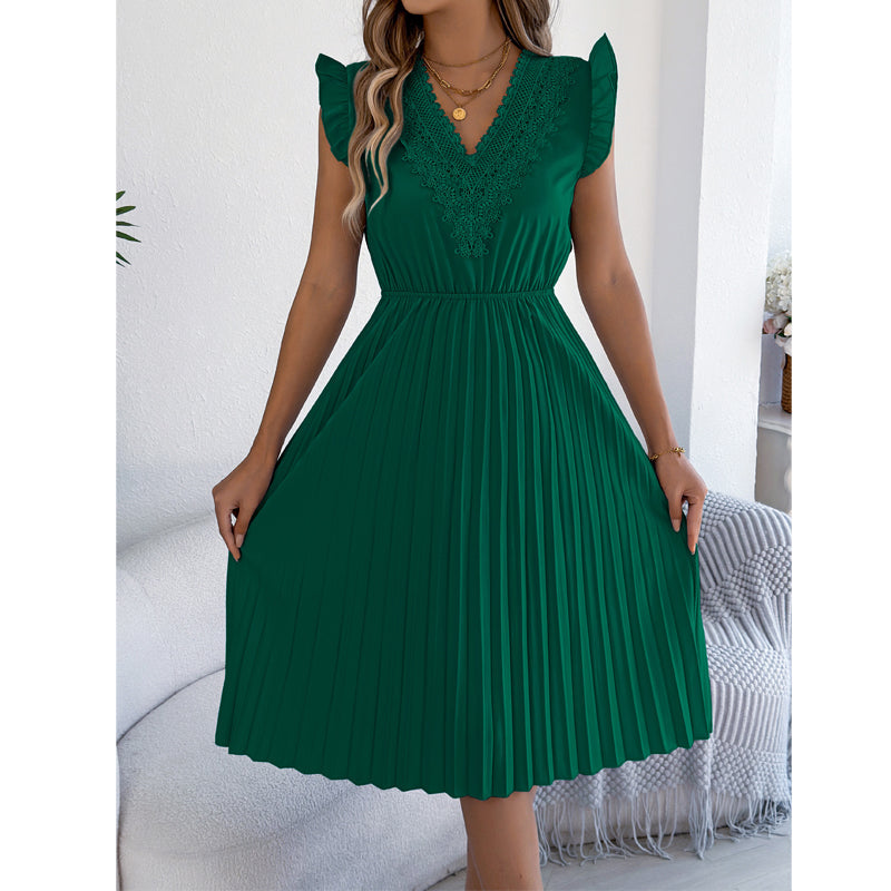 Robe midi Femme Dentelle Plissée Col en V Taille Empire