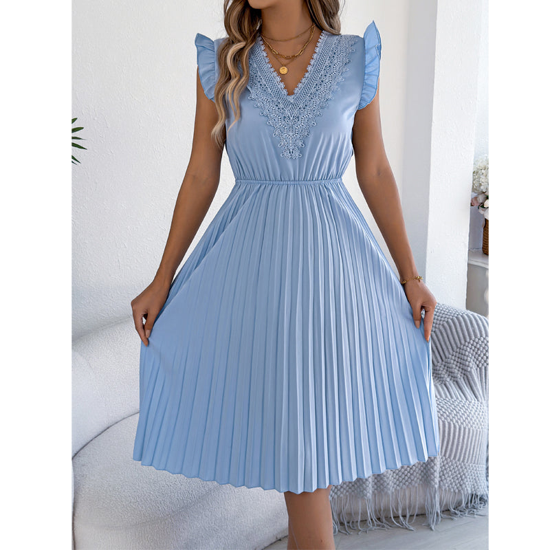 Robe midi Femme Dentelle Plissée Col en V Taille Empire
