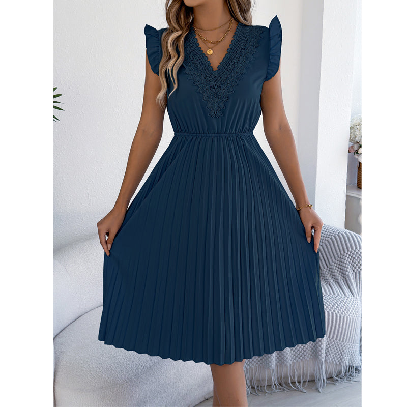 Robe midi Femme Dentelle Plissée Col en V Taille Empire