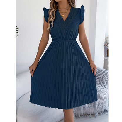 Robe midi Femme Dentelle Plissée Col en V Taille Empire