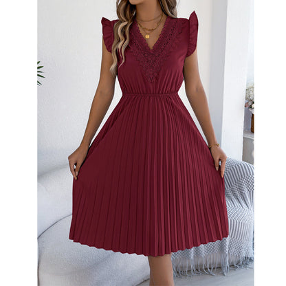 Robe midi Femme Dentelle Plissée Col en V Taille Empire
