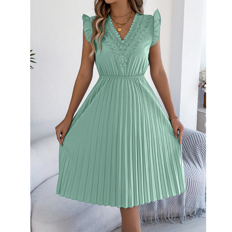 Robe midi Femme Dentelle Plissée Col en V Taille Empire