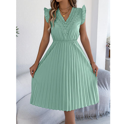 Robe midi Femme Dentelle Plissée Col en V Taille Empire