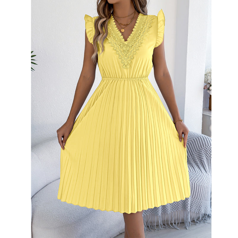 Robe midi Femme Dentelle Plissée Col en V Taille Empire