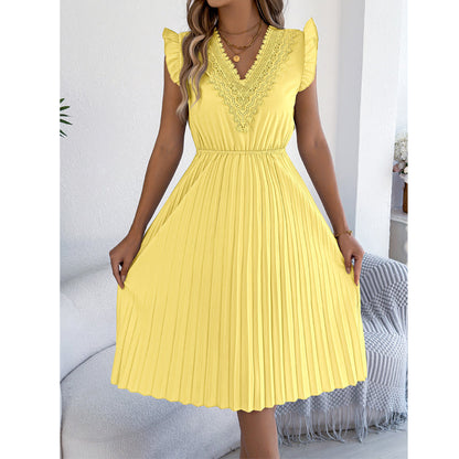 Robe midi Femme Dentelle Plissée Col en V Taille Empire