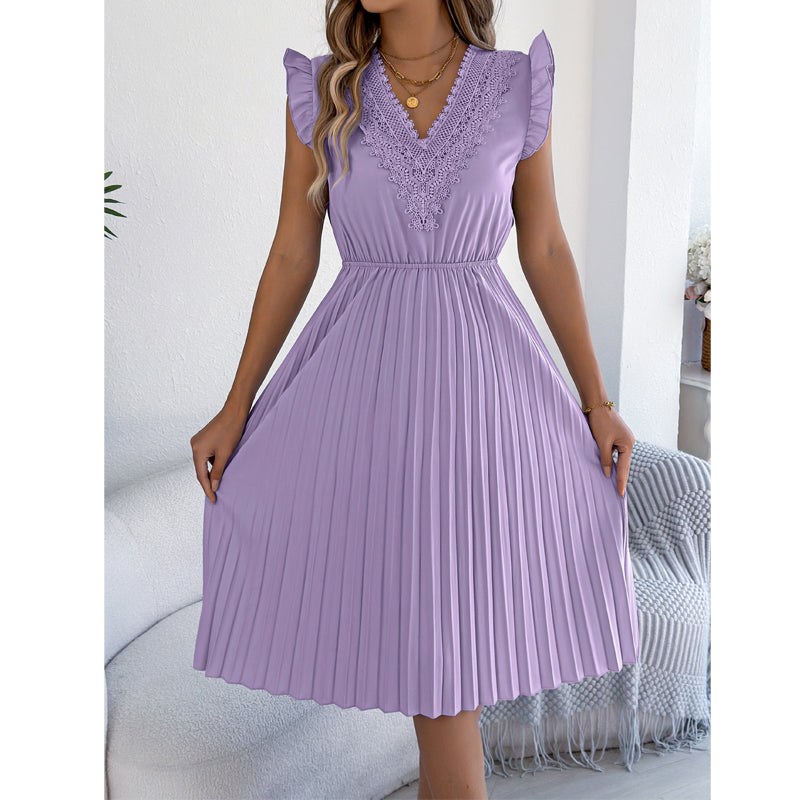 Robe midi Femme Dentelle Plissée Col en V Taille Empire