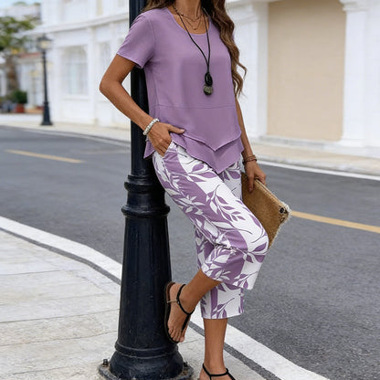 Ensemble Femme Haut Asymétrique et Pantalon Imprimé Coupe Droite
