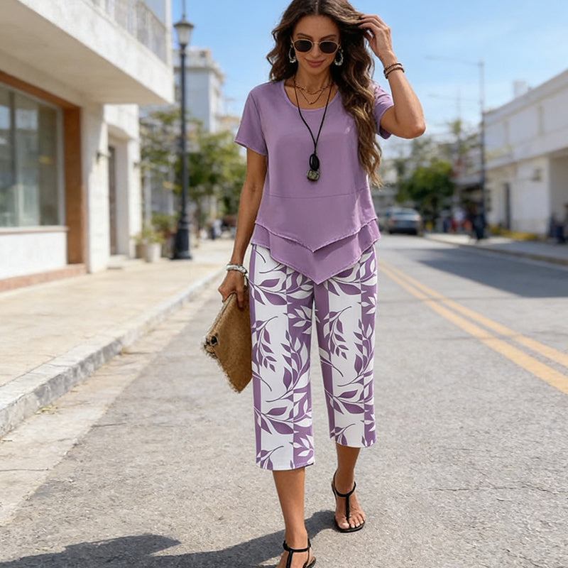 Ensemble Femme Haut Asymétrique et Pantalon Imprimé Coupe Droite