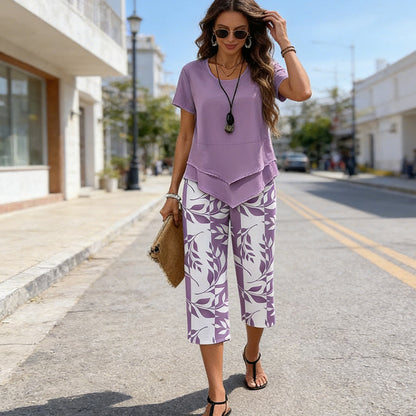 Ensemble Femme Haut Asymétrique et Pantalon Imprimé Coupe Droite