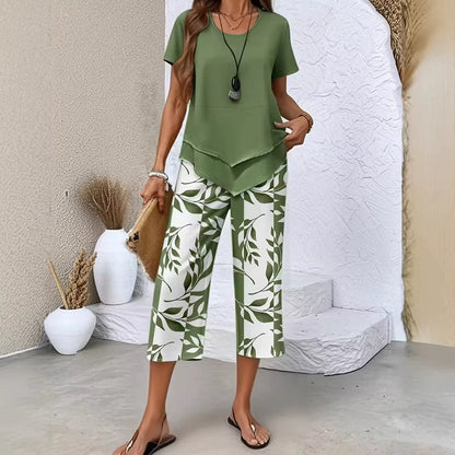 Ensemble Femme Haut Asymétrique et Pantalon Imprimé Coupe Droite