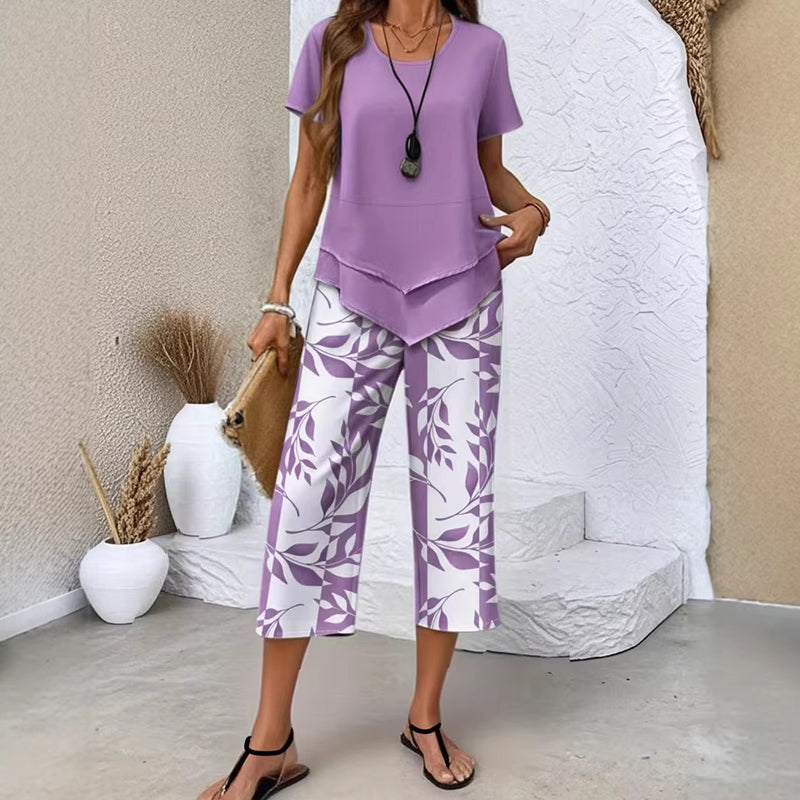 Ensemble Femme Haut Asymétrique et Pantalon Imprimé Coupe Droite